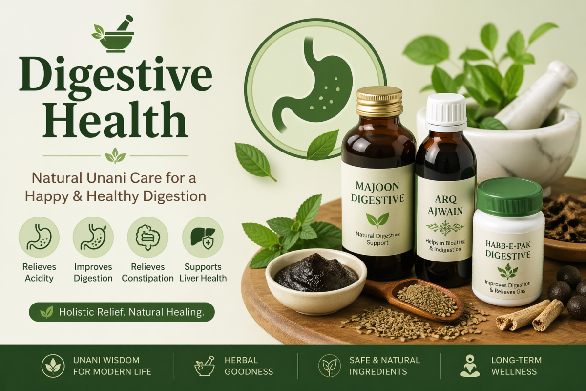 For acidity, indigestion, constipation, liver support (e.g., Majoon, Arq, herbal powders)